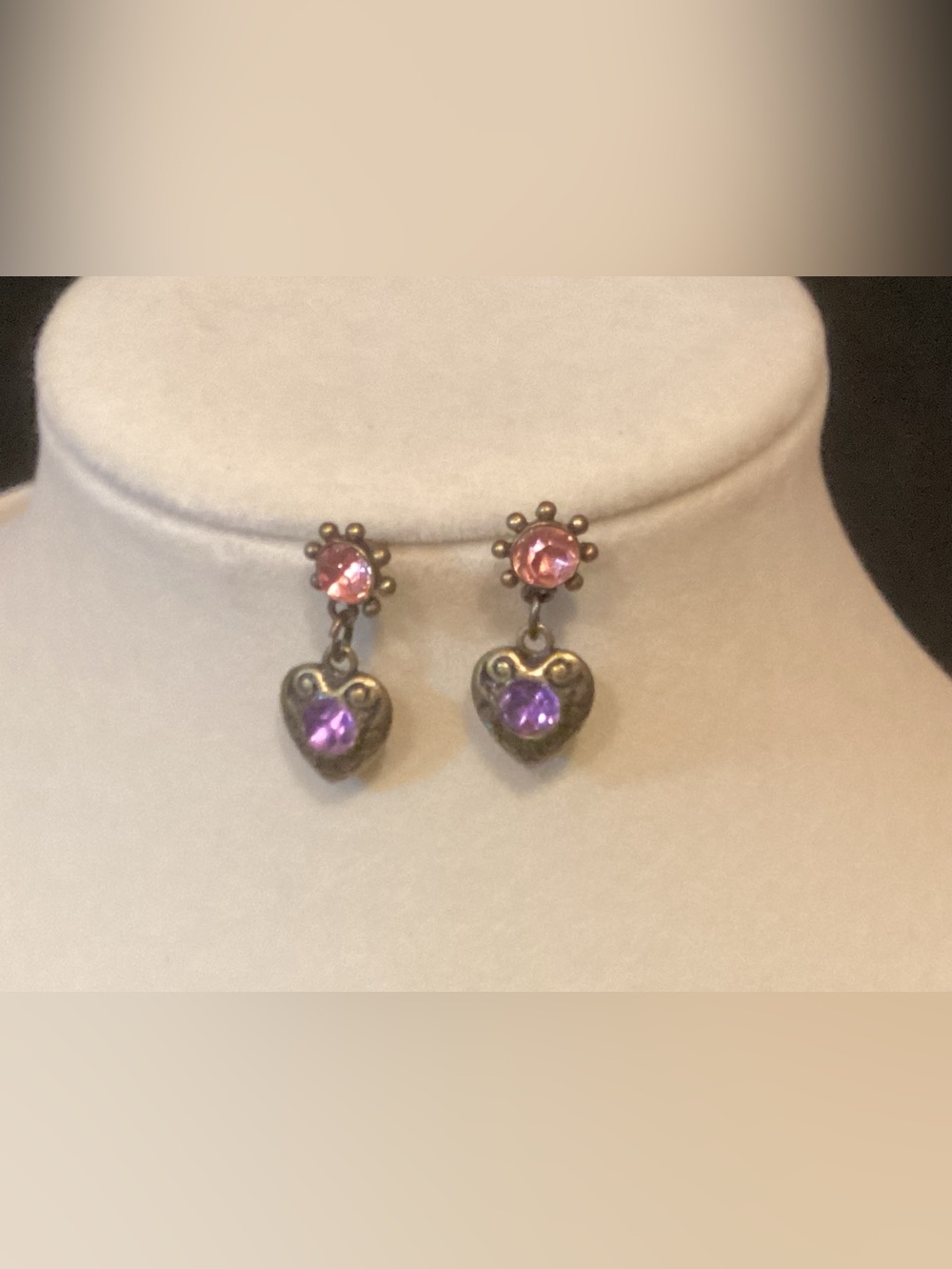 Avon Antiqued Gold-Tone Heart Drop Earrings with Purple and Pink Stones